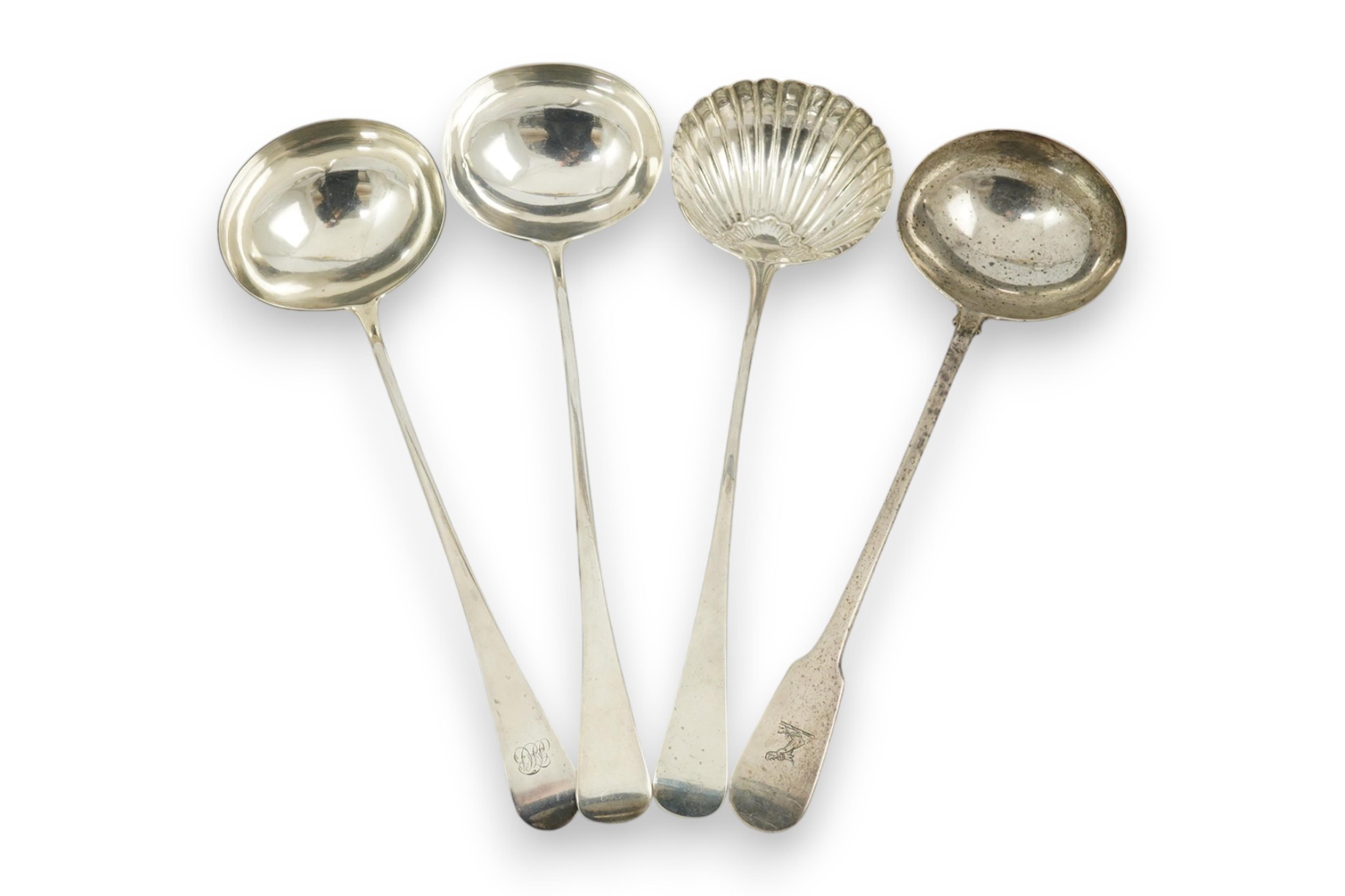 Three George III silver Old English pattern soup ladles, London, 1802, 1805 and 1808, various makers, together with a George IV silver fiddle pattern soup ladle by Eley & Fearn, London, 1821, 23oz.